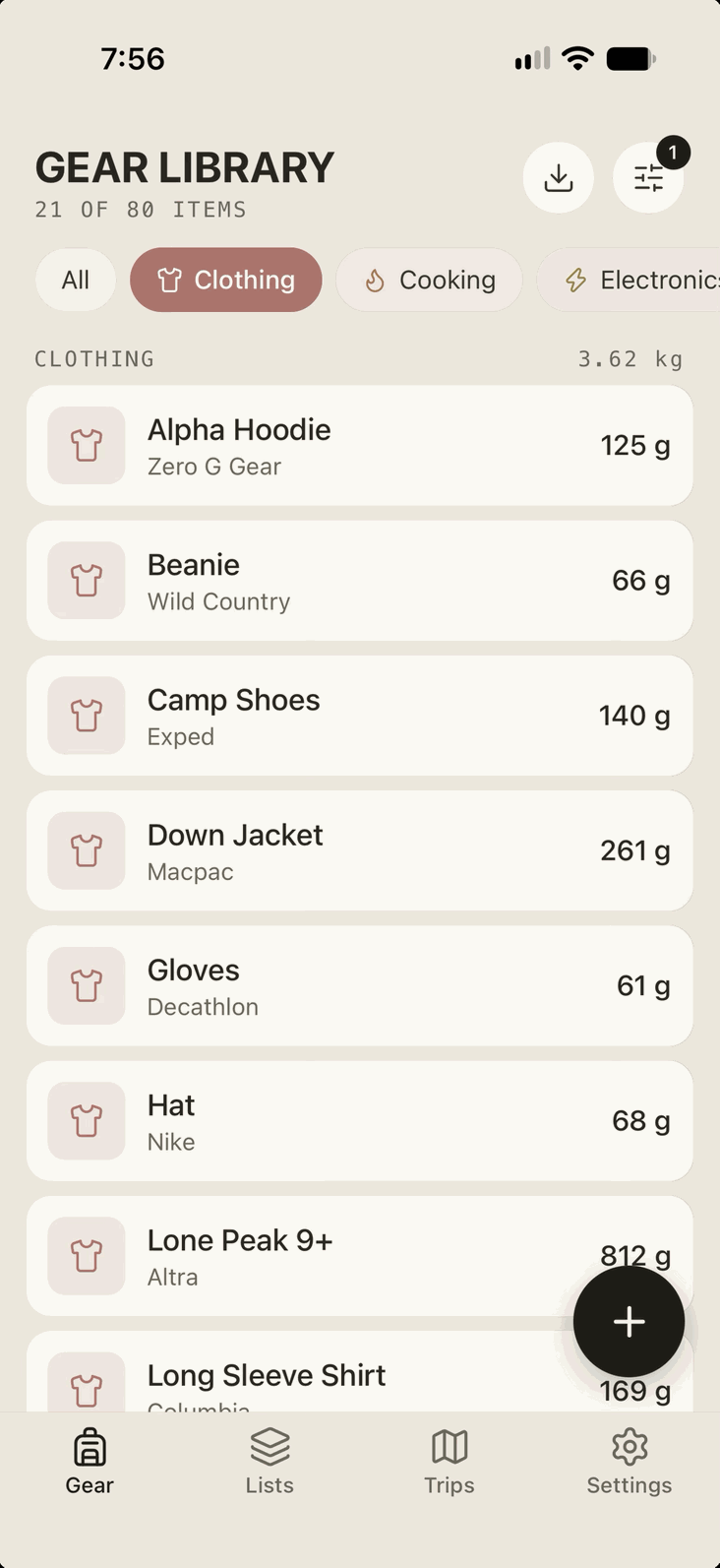The Gear library filtered to Clothing, with each item's brand and weight and the category total