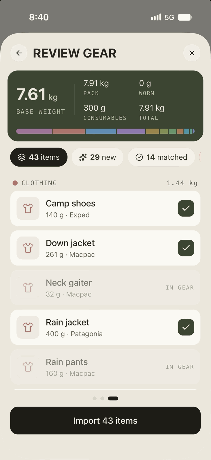 Reviewing a LighterPack list before import: its weights, 29 new and 14 matched items, new items ticked and gear already in your library marked In gear