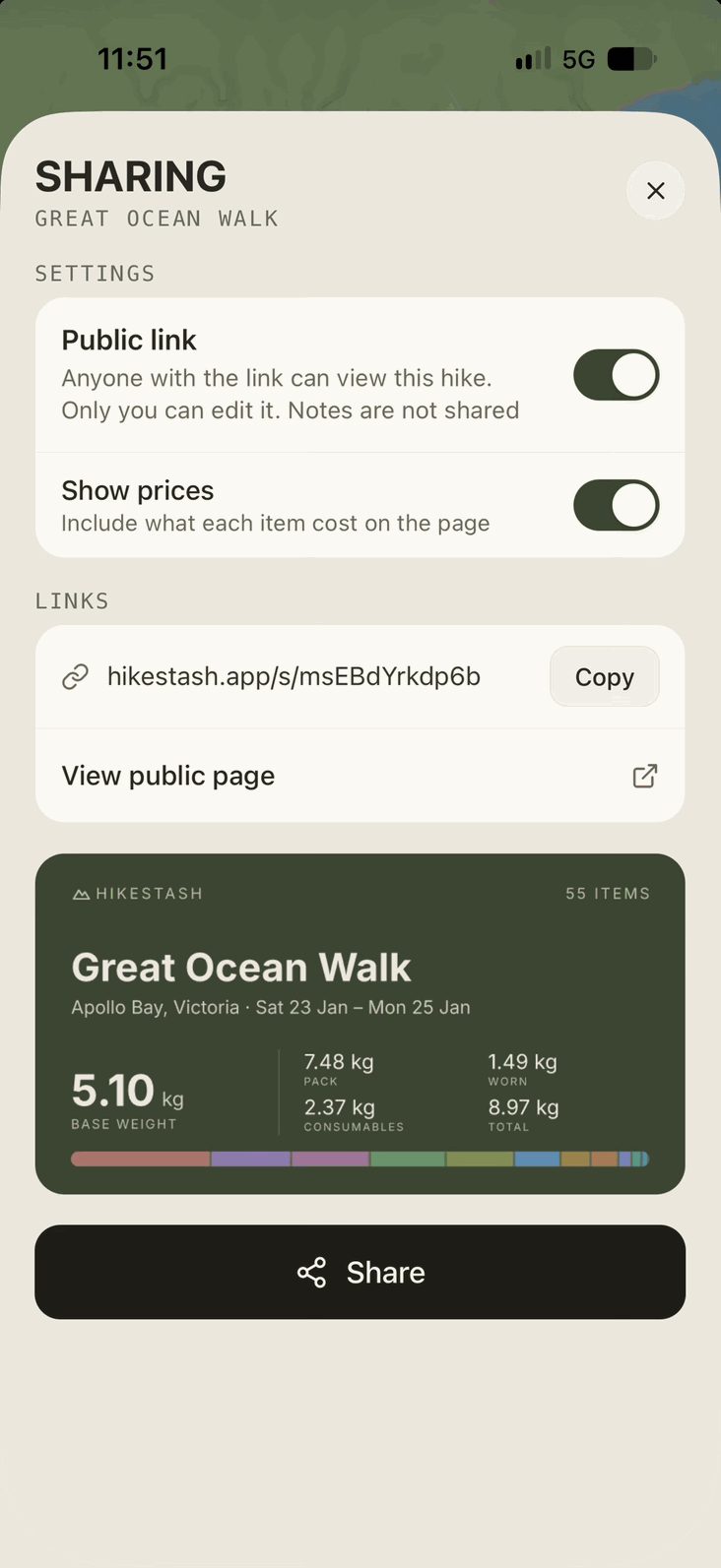 Sharing the Great Ocean Walk: public link and show prices switches, the link to copy and a preview of the shared page